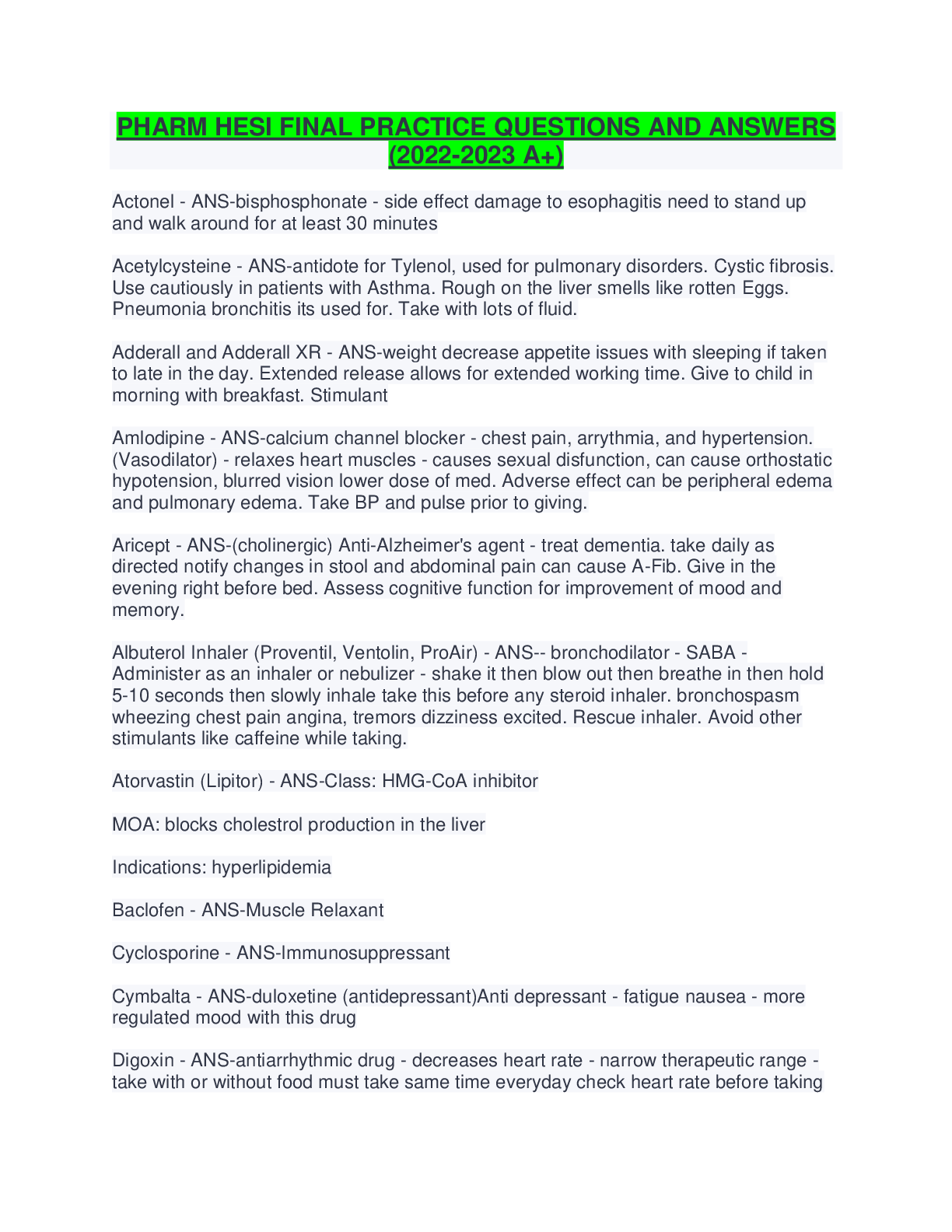 Preview image for PHARM HESI FINAL PRACTICE QUESTIONS AND ANSWERS  (2022-2023 A+)